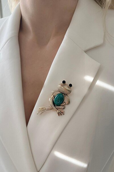 Modex Altın Rengi Taşlı Sevimli Kurbağa Broş (7cm)