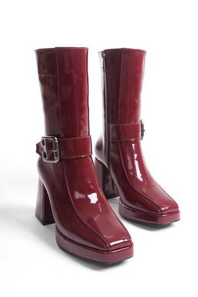 LDR Burgundy Patent Leather Platform Buckle Women's Boots