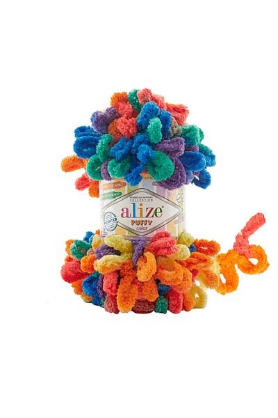 Alize 5 Pieces 6511 Puffy Colorful - Baby Slippers and Blanket Cardigan Lanyard