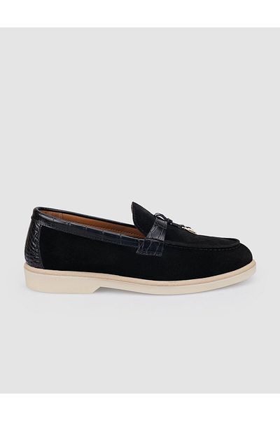 Cabani Loafer de damă 100% piele naturală din piele intoarsa neagra