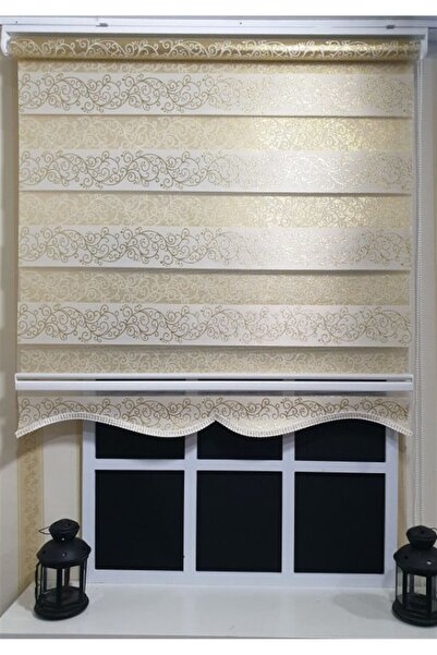 StorBurada Zebra Stor Perde Sarı Sarmaşık Desen Altın Simli Etek Dilimli STB9300 V 02