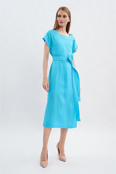 Escada Sport One Side Button Detailed Lined Belted Midi Length Linen Dress