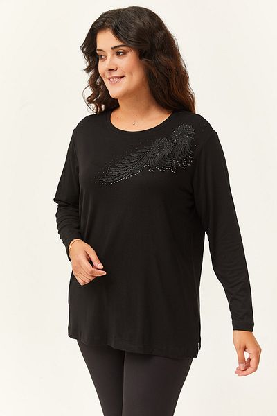 Ebsumu Women's Plus Size Leaf Embroidery Guipure Detail Black Blouse