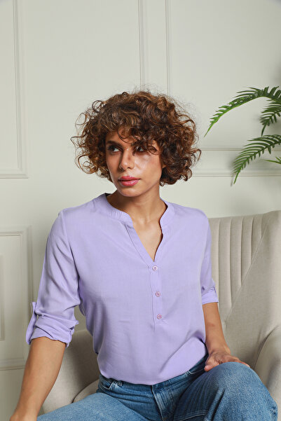 Butik Lila Hakim Yaka Yarım Patlı Viskon Gömlek 1500064