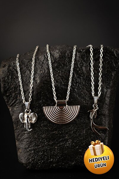 Piercing Market Steel & Silver 3 Lü Set Kombin Kolye Koi Balığı Yelpaze Ve 3 Boyutlu Fil Özel Tasarım Hediyelik Kolye Set