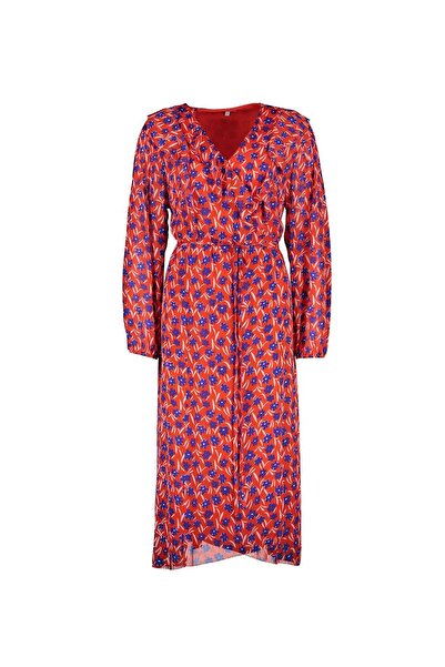 Escada Sport Volanlı V Yaka Uzun Kol Kuşaklı Midi Boy Elbise