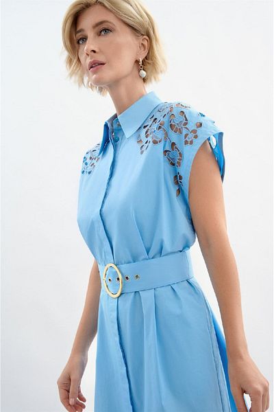 Escada Belted Laced Sleeve Slit Baby Blue Cotton Shirt Dress