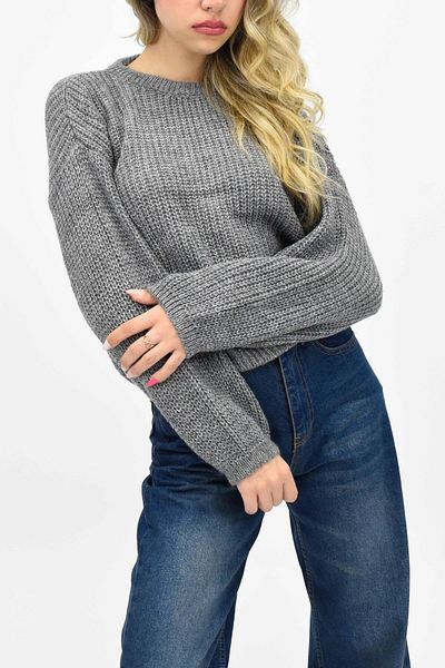 birizmoda Pulover tricotat gri cu gât crew
