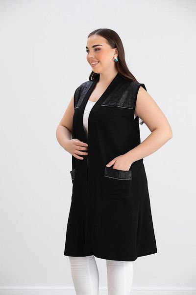 Hermevsim Дамски жилет Wearon Ajda 2 Rope с кристален орнамент и джоб от кожа и камъни, черен цвят