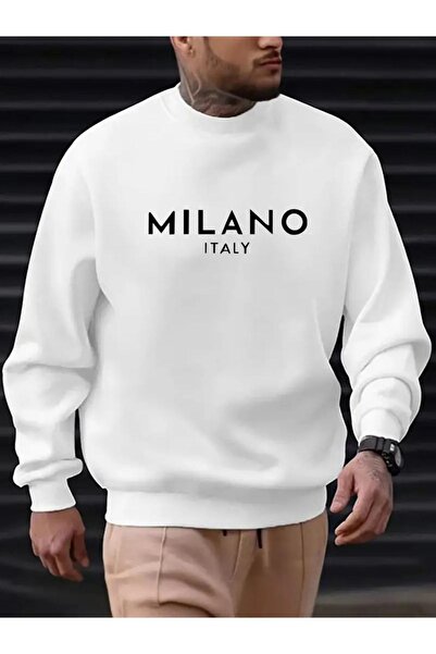 CAST COLLECTİON Hanorac alb pentru bărbați Milano Italian Printed Oversize Cr...
