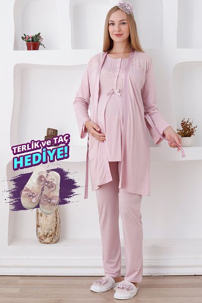 ERDENİZ TEKSTİL Buttoned Belted Pajamas Long Sleeve Maternity and Dressing Gown Suit Crown Gift