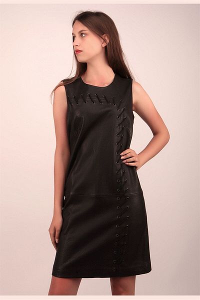 Escada Sport Eyelet Detailed Zippered Sleeveless Short Length Black Leather Dress