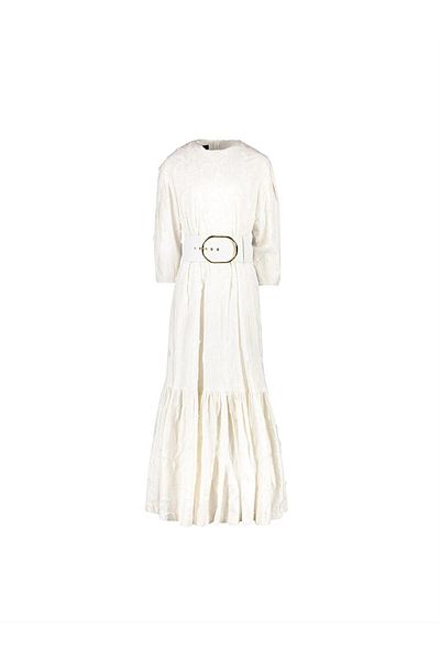 Escada Beading Embroidered Waistband Three Quarter Sleeve Long Length White Cotton Dress