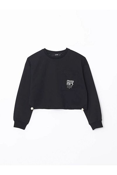 LC Waikiki Kids Black Crew Neck Printed Girls' Tracksuit Set