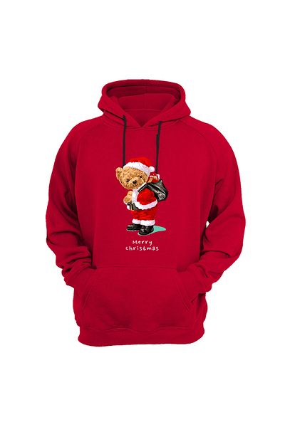 WİDİ Teddy Bear Printed New Year Santa Claus Merry Chirstmas Deer Regular Fit 100% Cotton Red Sweatshirt