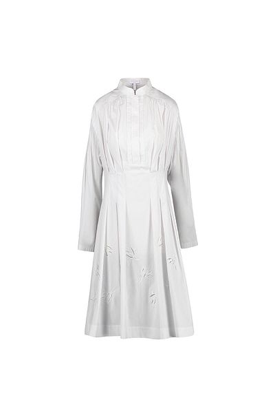 Escada Sport Embroidered Stand Collar Mid-Length White Cotton Dress