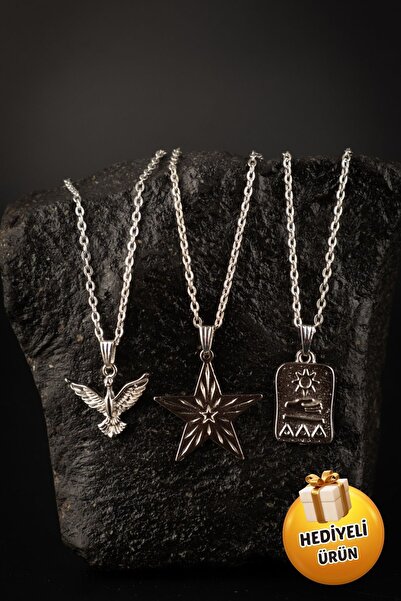 Piercing Market Steel & Silver 3 Lü Set Kombin Kolye Kuş Yıldız Ve Mısır Pira...
