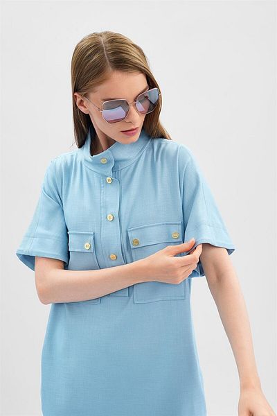 Escada Sport Stand Collar Low Short Sleeve Pocket Loose Cut Mid Length Baby Blue Dress