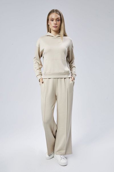soBasic Culoare Bej - Set de trening cu picioare largi din țesătură MODAL cu buzunare cangur și glugă-XL