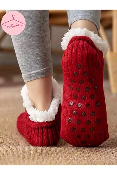 naboda Women's Woolen Booties Burgundy Socks with Anti-Slip Sole
