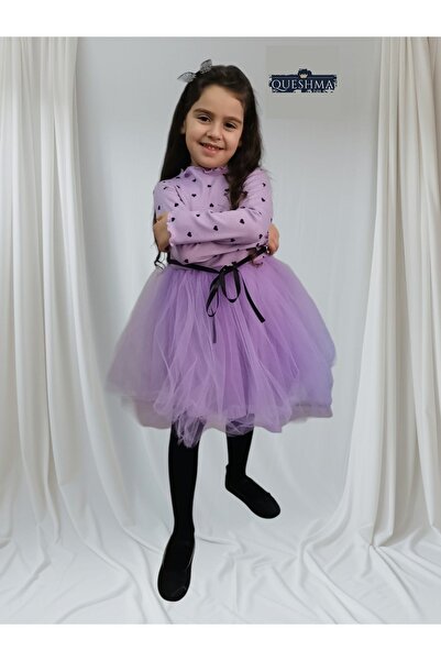 QUESHMA Kız Bebek Çocuk Prenses Kabarık Tütü Kalpli Uzun Kol Esnek Likralı El...