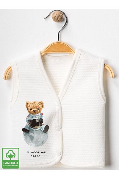 Miniel Unisex Baby Space Teddy Bear Printed Organic Cotton 3-6-9 Months 3-Piece Quilted Baby Vest Set