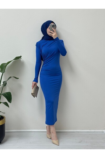 Modamorfo Dlouhé šaty Skuba - Boční šňůrka, Saks Blue