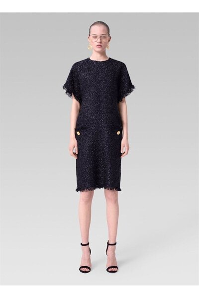 Escada Metalik Sim Baskılı Cep Detaylı Kırçıllı Siyah Pamuklu Elbise