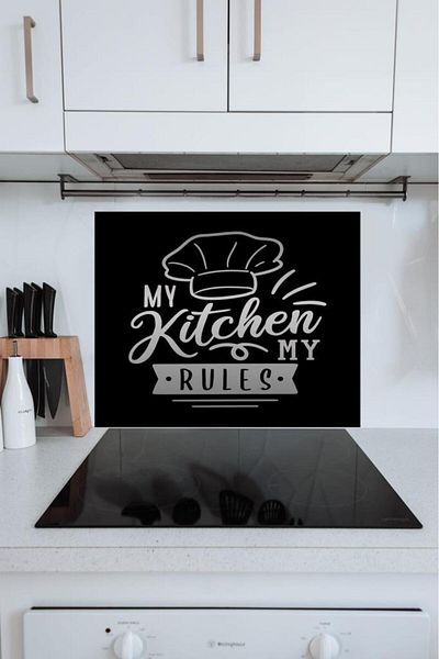 Saban 50X60 cm My Kitchen Black Hat Patterned Glass Stove Protector