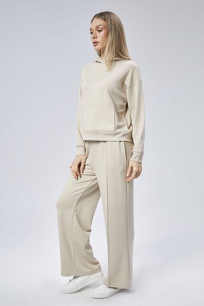 soBasic Culoare Bej - Set de trening cu picioare largi din țesătură MODAL cu buzunare cangur și glugă-XL