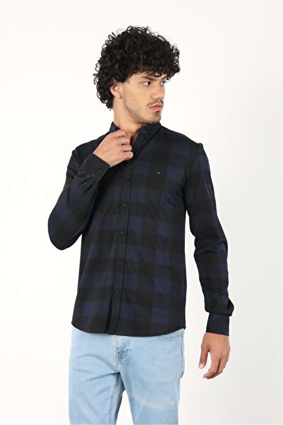 COONLESS Erkek Uzun Kol Büyük Kareli Gömlek Lacivert