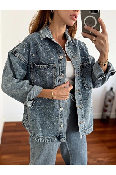 Maldia Shop Women's Asymmetrical Stone Detail Light Blue Jean Jacket 7080