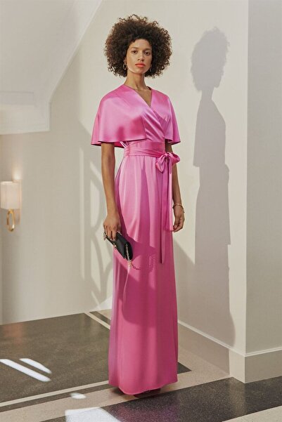 Escada Bağlamalı Anvelop Uzun Pembe Gece Elbisesi