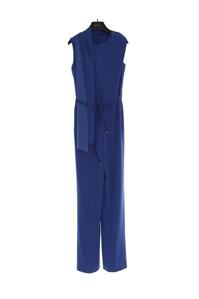 Escada Sleeveless Blue Jumpsuit with Shawl Insert and Belt