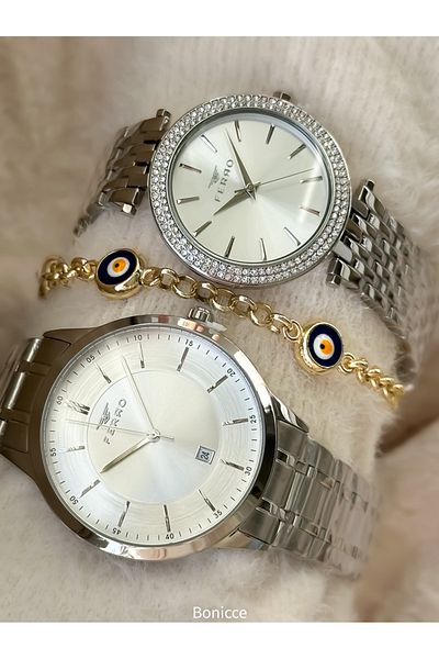 FERRO Brand Silver Color Steel Band with Calendar Lover Couple Watch+Bracelet