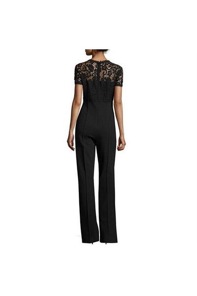 Escada Lace Detailed Short Sleeve Tube Leg Black Cotton Jumpsuit