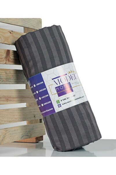 MODELHOME Anthracite Colored, Double Cotton Striped Satin Elastic Sheet Set