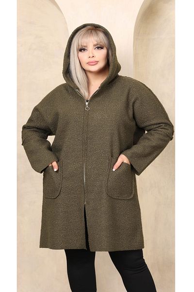 MODASTRO Plus Size Khaki Hooded Seasonal Boucle Coat