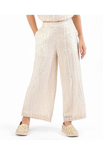 Primo Gino Viscose Ankle Length Embroidered Pattern Trouser - Off White
