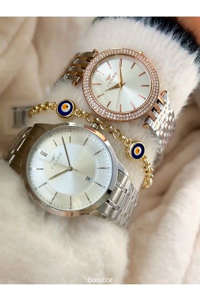 FERRO Brand Silver Rose Color Steel Band with Calendar Lover Couple Watch+Bracelet