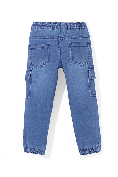 Babyhug Denim Full Length Washed Stretchable Joggers with Cargo Pockets - Blue