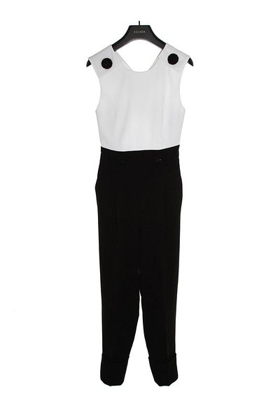 Escada Stone Embroidered Back Cross Band Detailed Layered Leg Black and White Jumpsuit