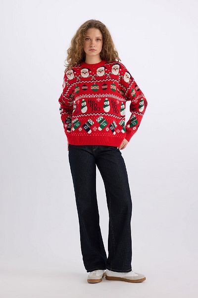 DeFacto Strickpullover mit Rundhalsausschnitt und Neujahrsmotiv D1111AX24CW