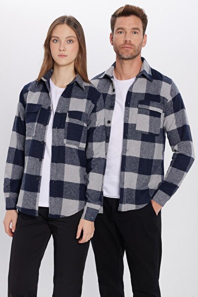Tudors Unisex Slim Fit Dar Kesim Oduncu Çift Cep Kapaklı Kareli Kışlık Gömlek