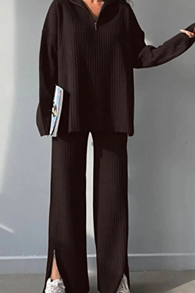 Trade Bazaar Guler cu nervuri pentru femei, fante pentru picioare cu fermoar, costum de tricotaj cu fermoar lateral