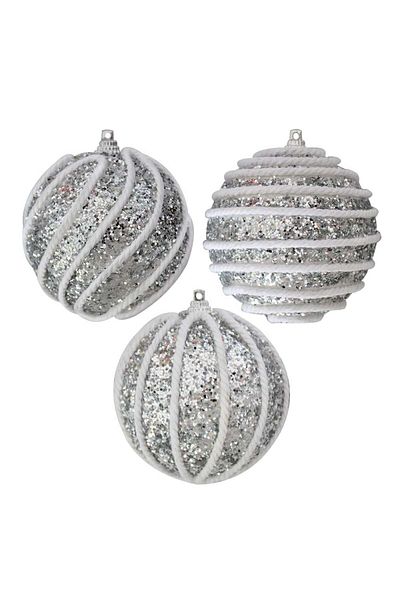 Kikajoy Christmas Striped Tree Patterned 8cm Silver Ball - Set of 3