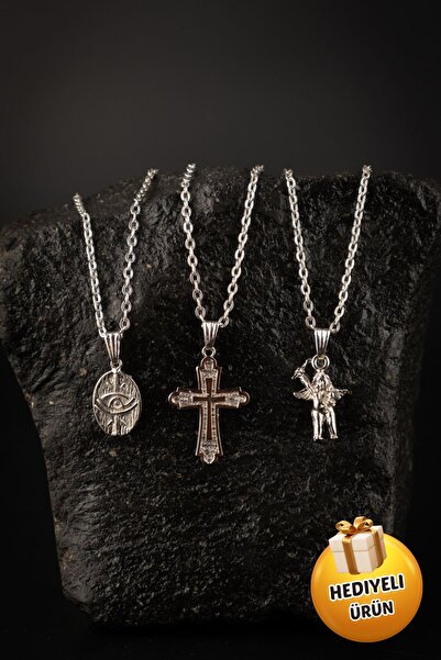Piercing Market Steel & Silver 3 Lü Set Kombin Madalyon  Haç Ve Okçu Melek Tasarım Hediyelik Kolye Set