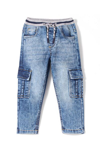 Babyhug Cotton Blend Full Length Solid Color Washed Stretchable Denim Joggers - Blue