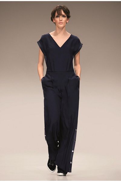 Escada Sport V-Neck Staple Detailed Low Sleeve Wide Leg Navy Blue Jumpsuit