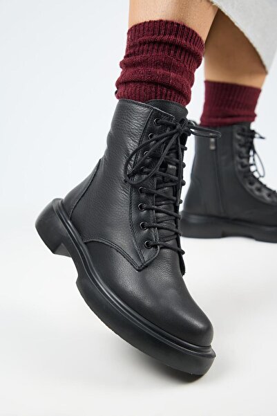 Manijero (Niro) Kadın Hakiki Deri Bağcıklı Siyah Bot